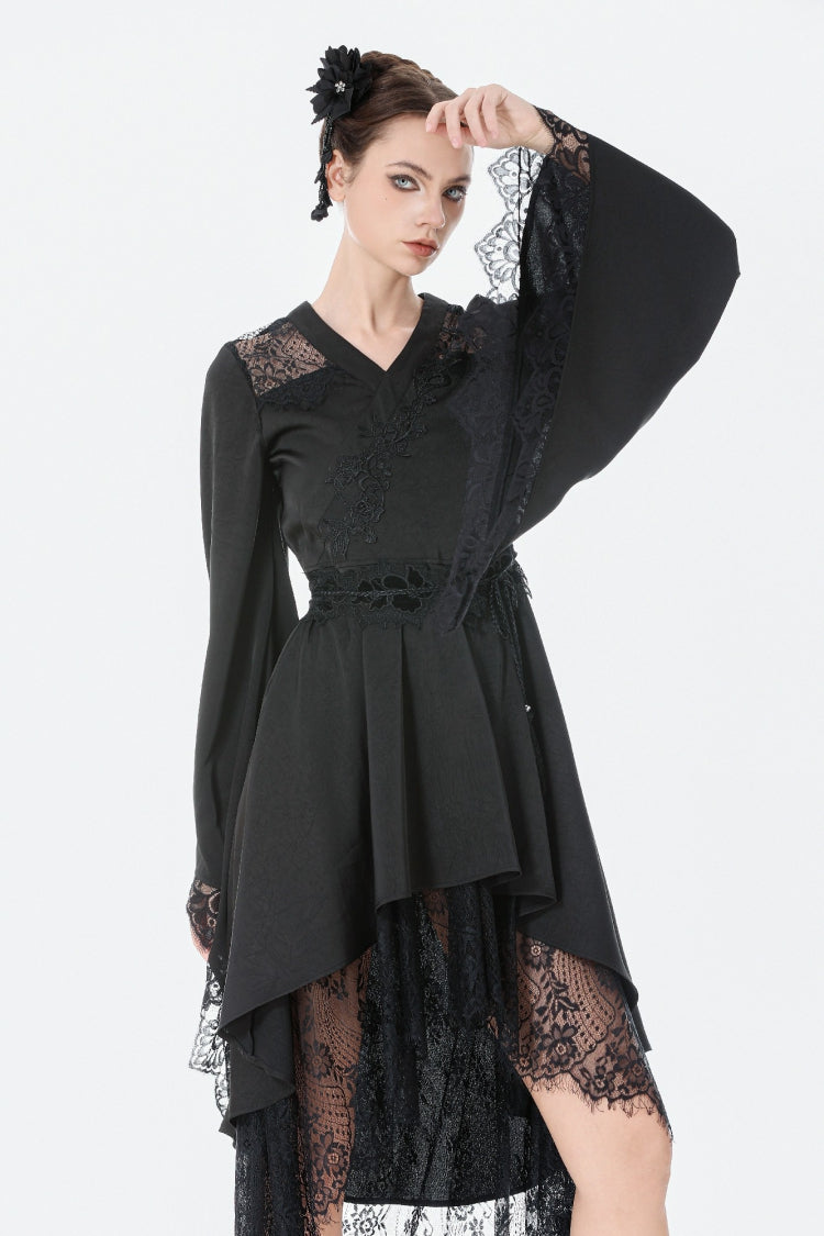 Black V Collar Long Trumpet Sleeves Lace Sheer Women's Gothic Kimono High Low Long Dress - Product - 5