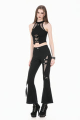 Black Women's Punk Buckled Straps Cut-Out Sheer Mesh Patchwork Flare Pants - Product - 8