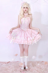 Pink Tube Top Sleeveless Blowknot Ruffled Sweet Lolita Tiered Dress - Product - 4