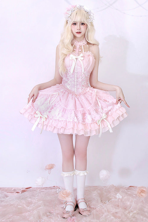 Pink Tube Top Sleeveless Blowknot Ruffled Sweet Lolita Tiered Dress - Product - 4