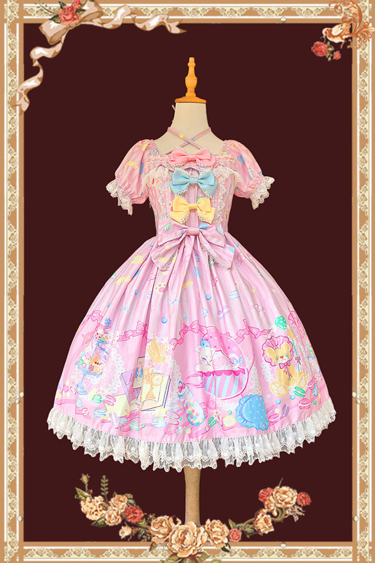 Pink [Macarons Dolly House] Square Collar Short Lantern Sleeves Printed Bow Sweet Lolita Dress - Product - 6
