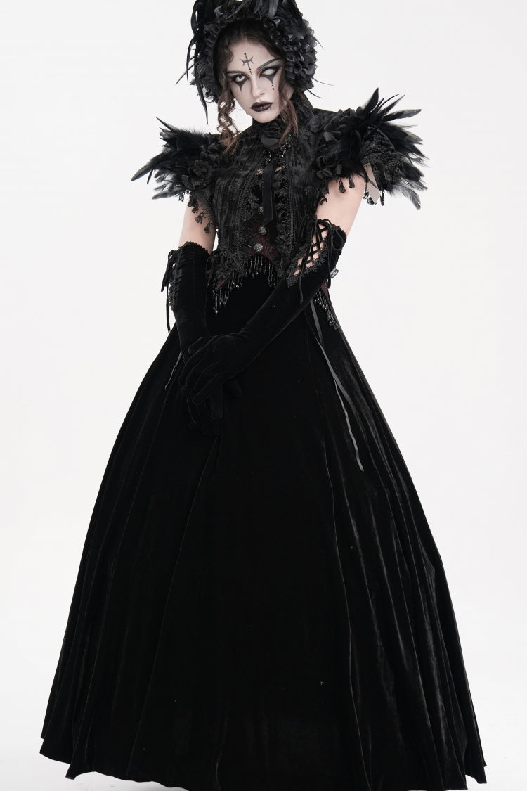 Black Stand Collar Lace Pleated Women's Gothic Tassels Feather Lace Cape - Product - 5