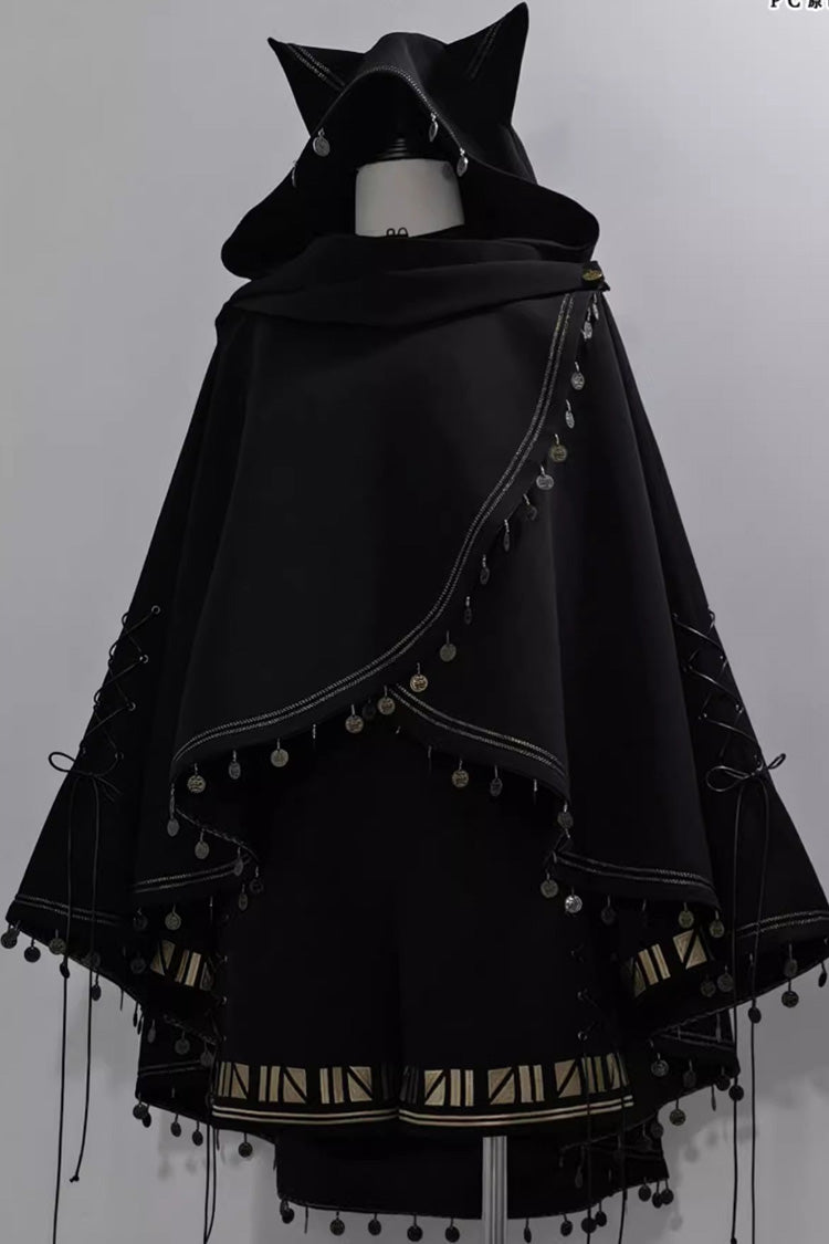 Black [Black Cat] Embroidery Cat Ears Hooded Ouji Gothic Prince Handsome Lolita Cloak - Product - 9