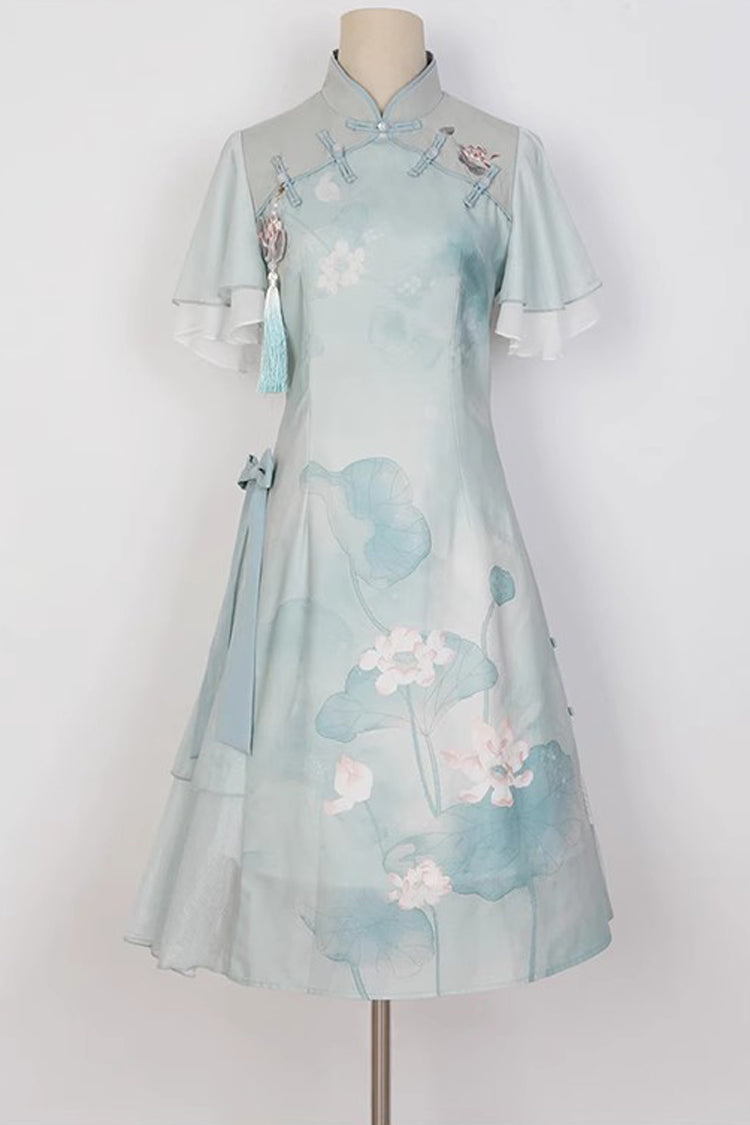 Green Ruffle Short Sleeves Lotus Print Sweet Cheongsam Hanfu Dress - Product - 6