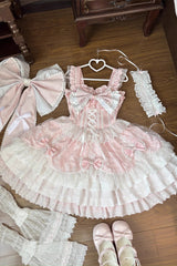 Pink Sleeveless Triple-Layered Ruffle Embroidery Bowknot Lace-Up Pearl Sweet Plus Size Lolita Jsk Dress - Product - 2