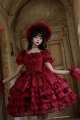 Red [Rose Manor] Square Collar Short Sleeves Ruffled Bow Lace Classic Lolita Dress - Product - 4
