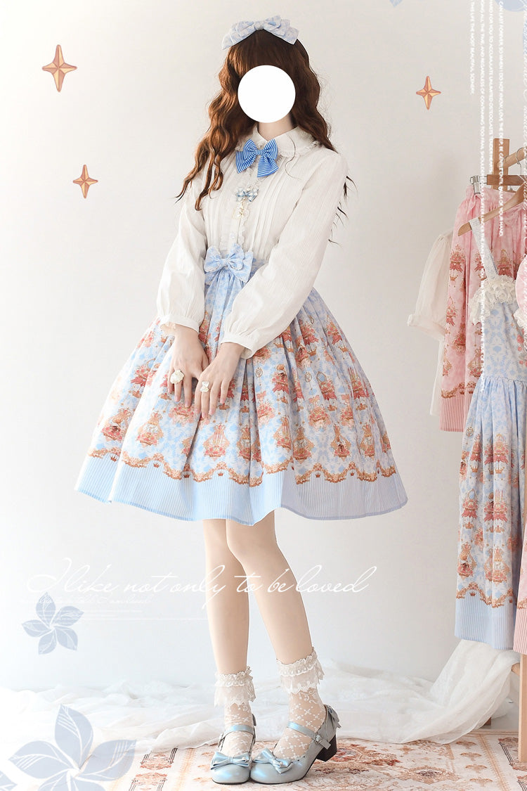 Blue [Rose Garden Rabbit] Print Ruffle Bowknot Sweet Lolita Dress - Product - 5