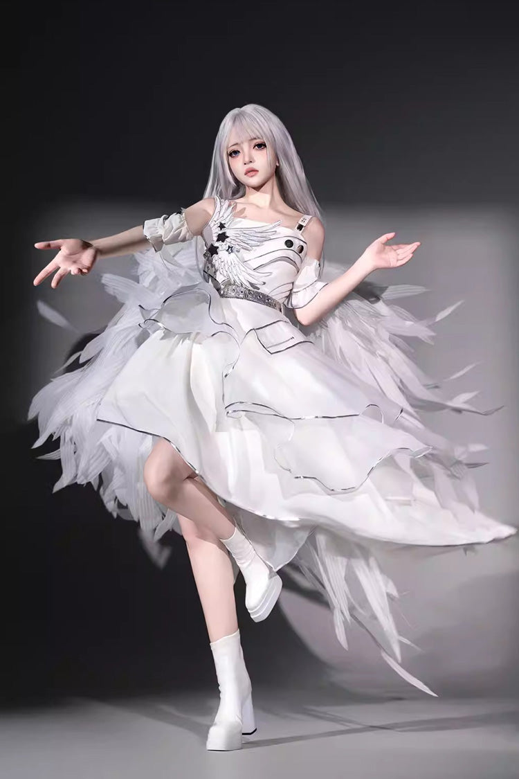 White [Silver Wings] Stand Collar Irregular Asymmetric Futuristic Style Punk Lolita Jsk Dress Set - Product - 10