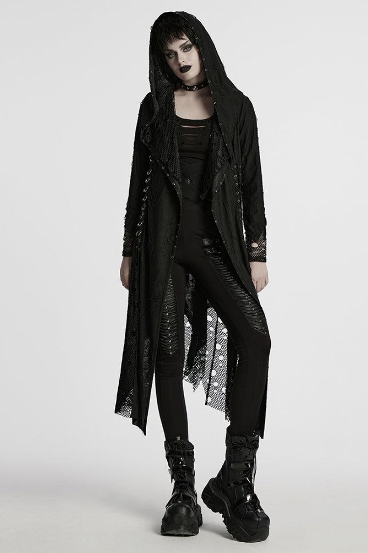 Black Long Sleeves Stitching Hooded Mesh Ripped Women's Gothic Coat - Product - 4