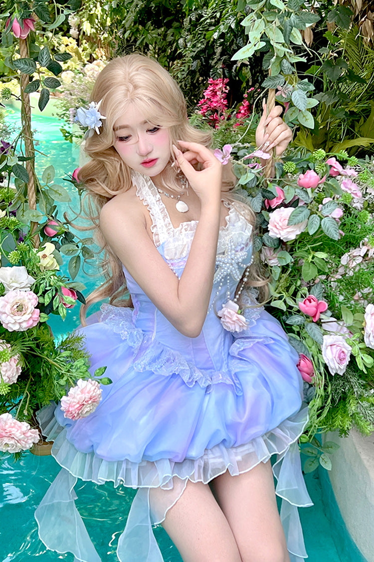 Blue [Starlight Jellyfish Princess] Halterneck Sleeveless Ruffle Lace Sweet Lolita Jsk Dress - Product - 4
