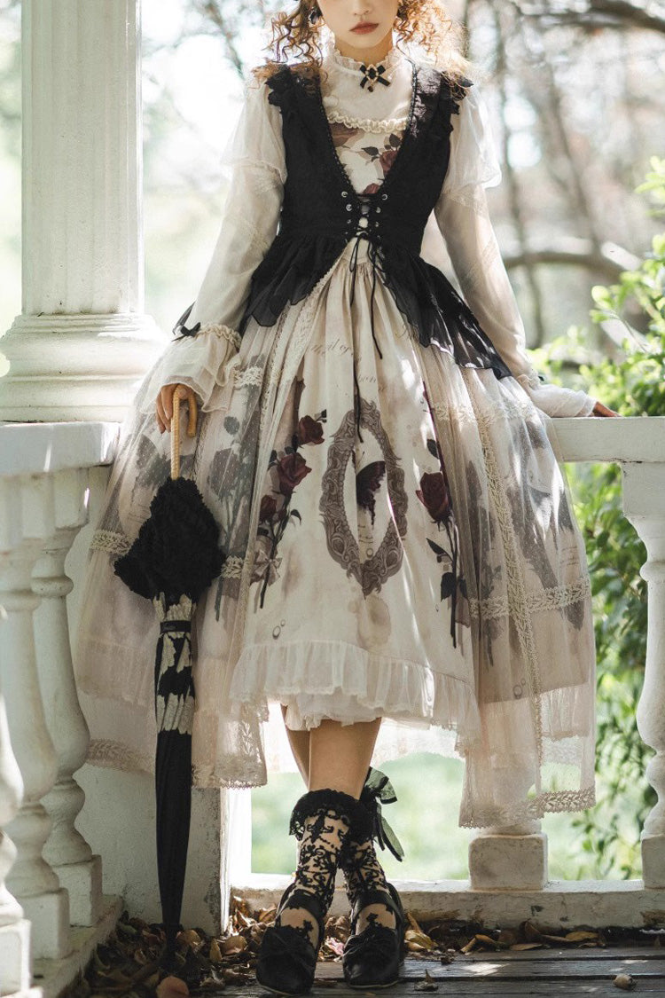 Multi-Color Long Sleeves Print Ruffle French Princess Classic Gothic Lolita Dress Set - Multi-Color - 1