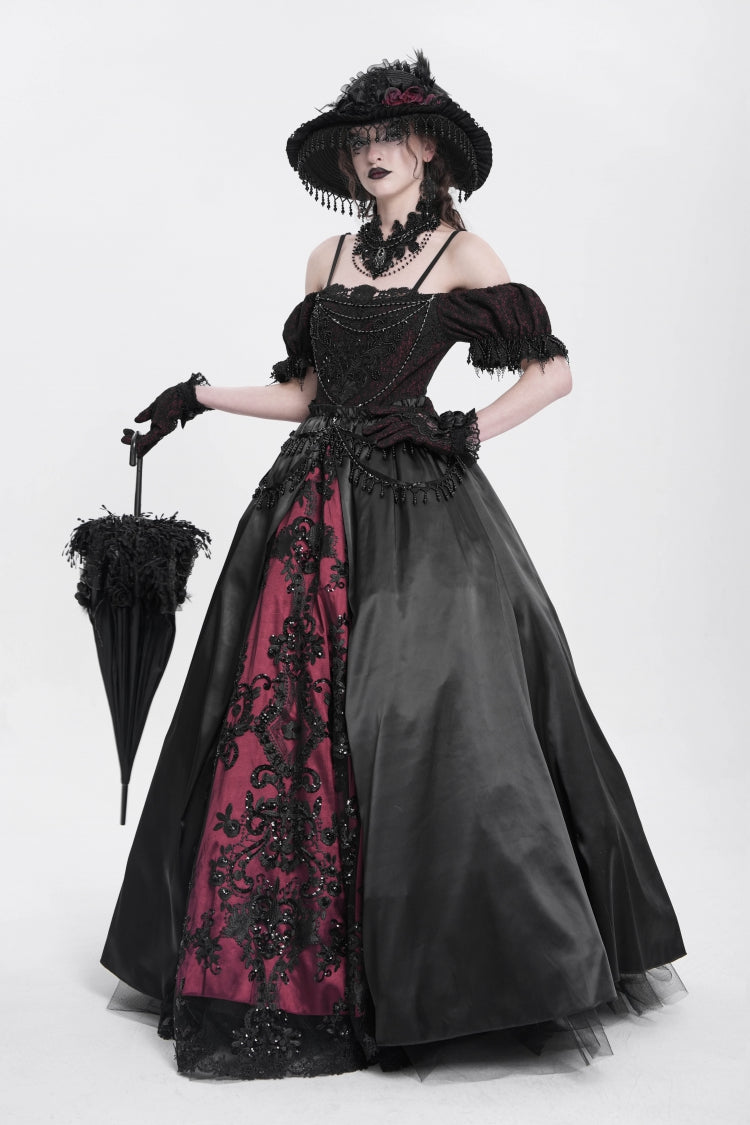 Black/Red Off Shoulder Embroidery Stitching Lace Women's Gothic Dress - Product - 9