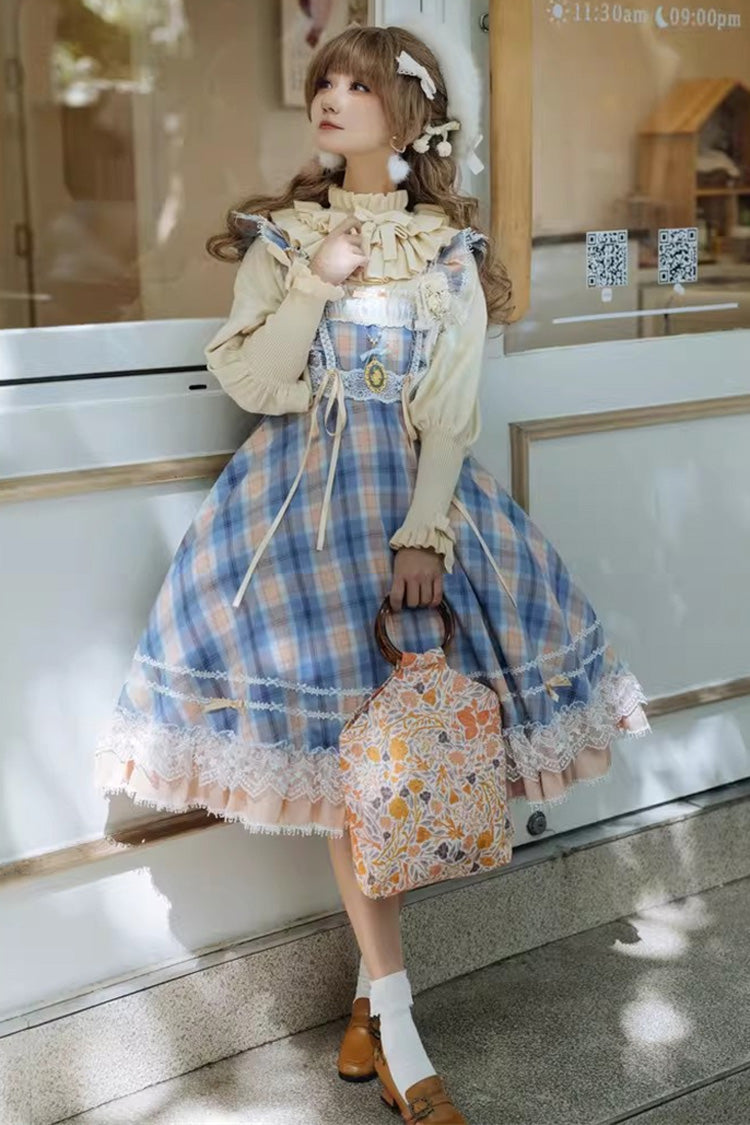 Yellow/Blue [Endless Summer] High Waisted Printed Ruffled Bow Lace Sweet Princess Lolita Jsk Dress 2 Versions - Product - 2