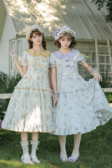 [Breezy Summer Blossoms] Peter Pan Collar Short Sleeves Jacquard Printed Ruffled Embroidered Bow Sweet Lolita Dress 2 Colors (Yellow, Purple) - Product - 12