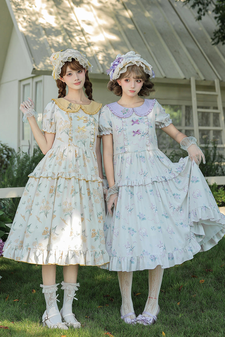 [Breezy Summer Blossoms] Peter Pan Collar Short Sleeves Jacquard Printed Ruffled Embroidered Bow Sweet Lolita Dress 2 Colors (Yellow, Purple) - Product - 12