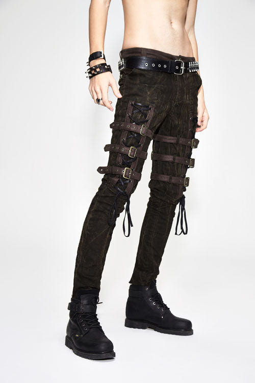 Brown Steampunk Multi Loops Embroider Lace Up Mens Pants - Product - 2