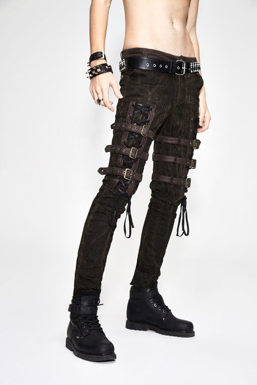 Brown Steampunk Multi Loops Embroider Lace Up Mens Pants - Product - 2