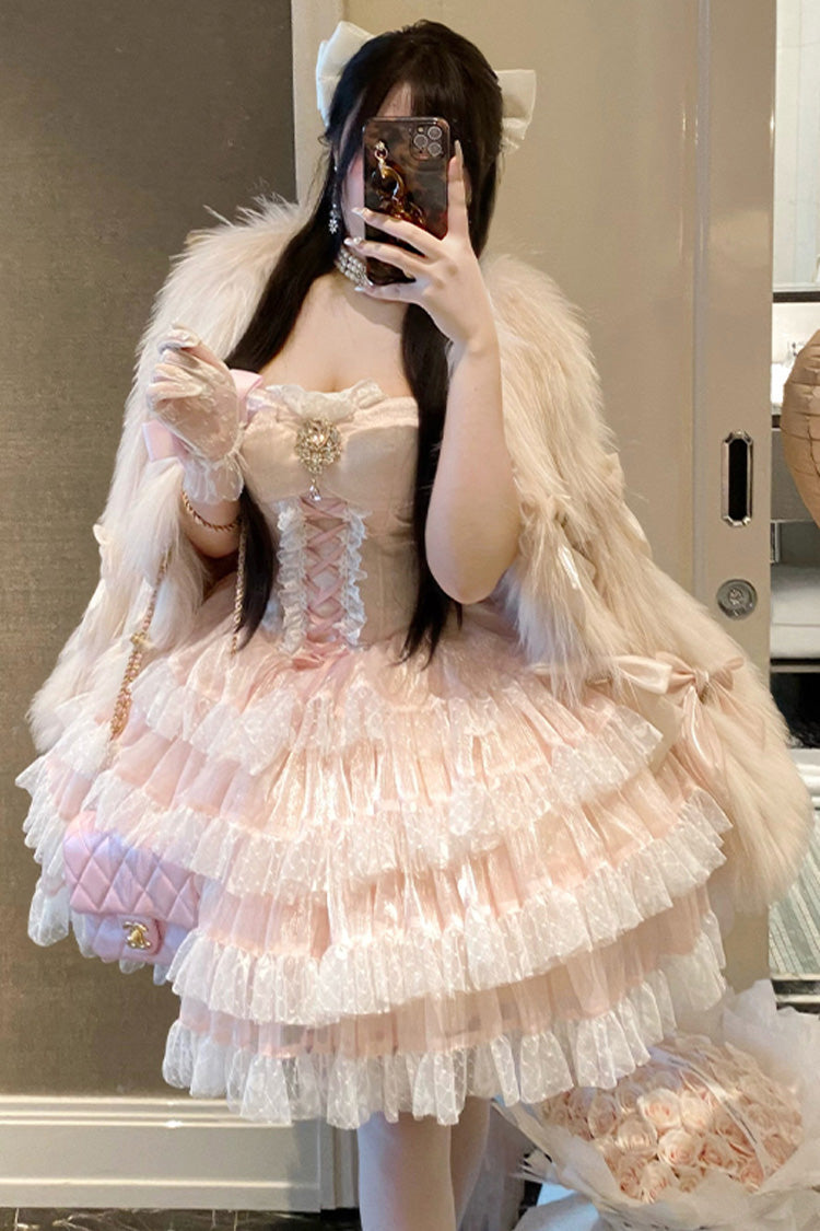 Pink [Heartbeat at First Sight] Off Shoulder Sleeveless Multi-Layered Ruffle Bowknot Lace Lace-Up Sweet Princess Gorgeous Lolita Dress - Product - 4