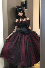 Black/Red [Sanglin’s Tribute] Off Shoulder Ruffled Gothic Lolita Dress - Product - 6