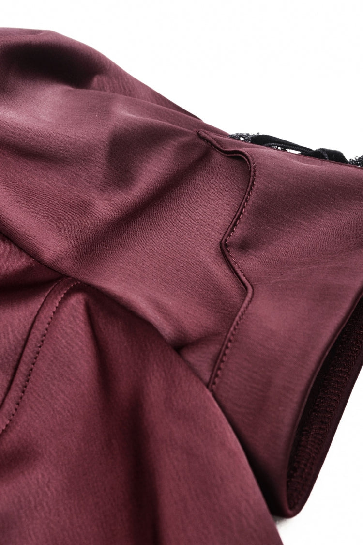 Wine Red Point Collar Short Puff Sleeves Ruffled Women's Gothic Elegant Blouse - Product - 14