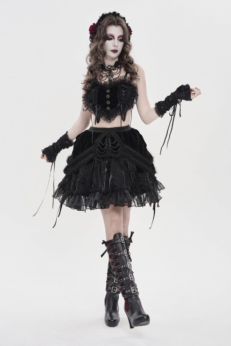 Black Off Shoulder Bow Lace Lace-Up Women's Gothic Ruffled Corset - Product - 7