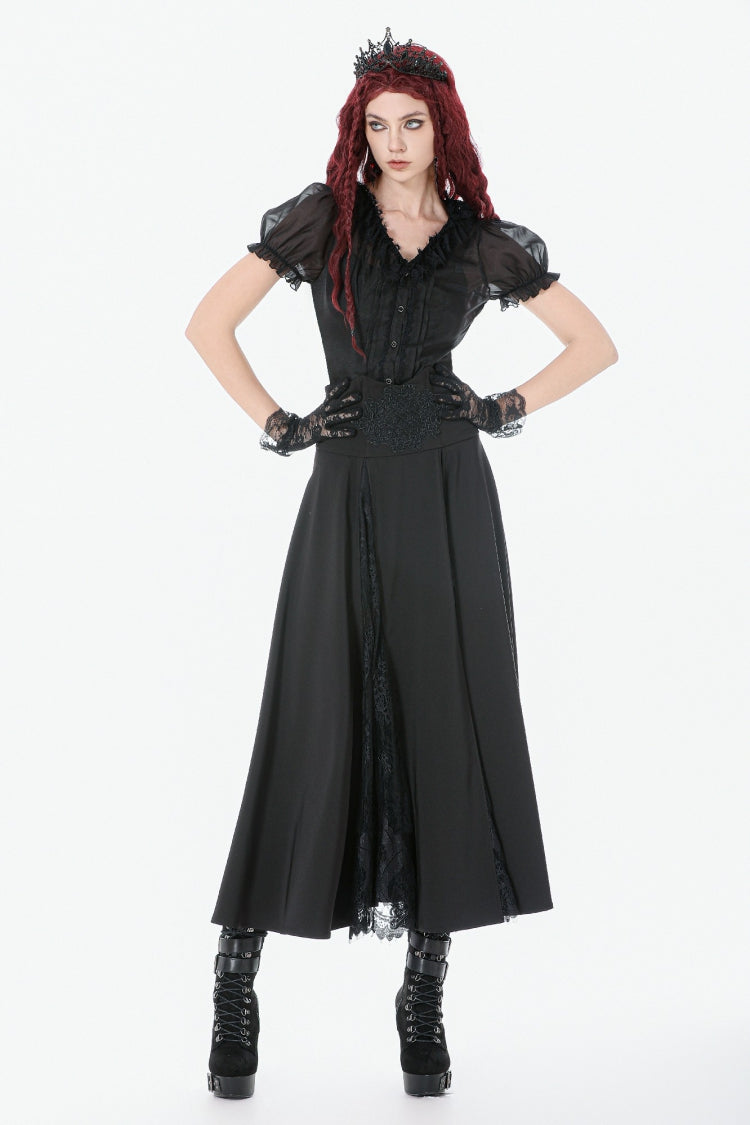 Black High Waisted Floral Printed Lace Mesh Women's Gothic Elegant Long Skirt - Product - 8