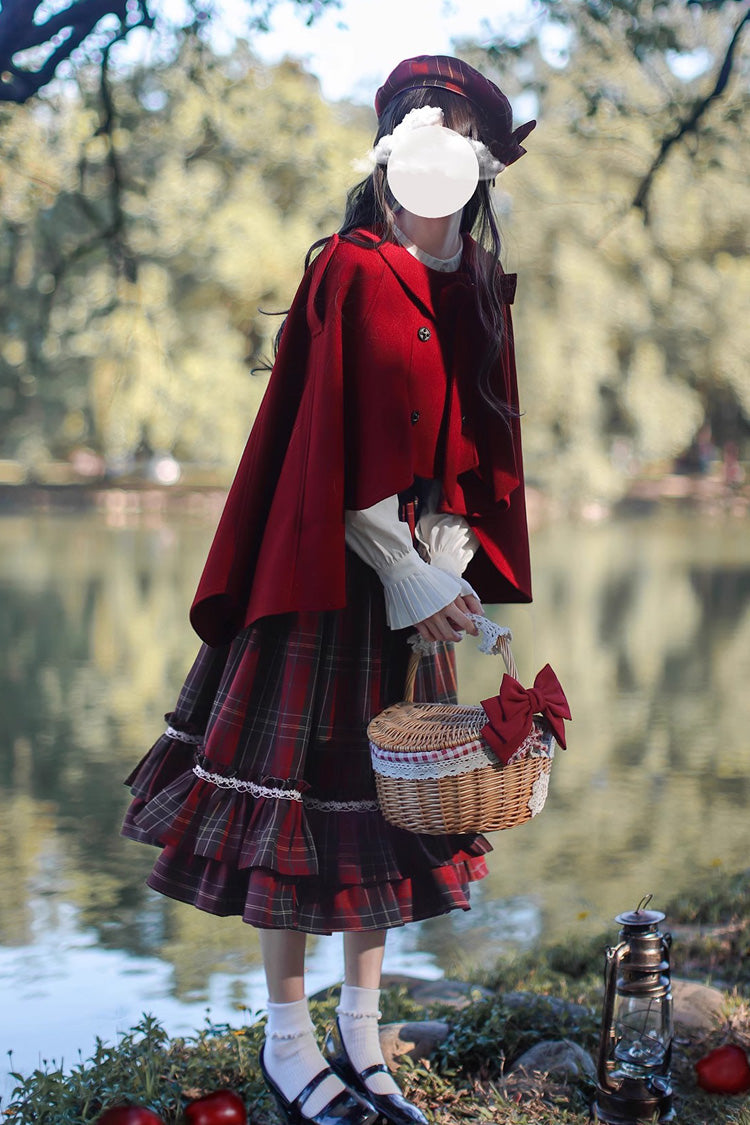 Red [Little Red Riding Hood] Double-Layered Plaid Print Ruffle Bowknot Sweet Vintage Lolita Jumper Dress - Product - 7