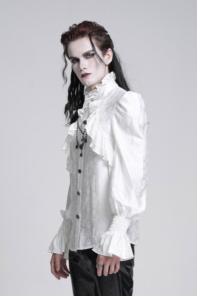 White Stand Collar Long Sleeves Ruffle Lace Cross Men's Gothic Blouse - Product - 2