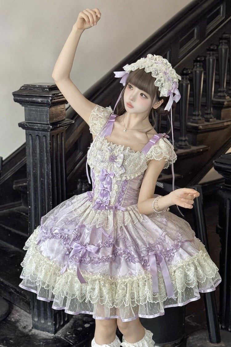 Purple [Dreaming Butterfly] Multi-Layered Jacquard Ruffle Bowknot Lace Sweet Princess Lolita Jsk Dress - Product - 7