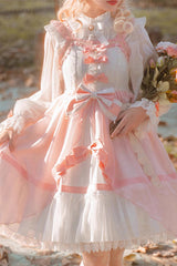 White/Pink Ruffle Cardigan Bowknot Sweet Princess Plus Size Lolita Jsk Dress - Pink - 1