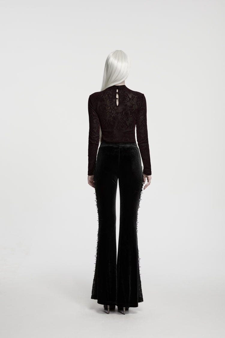 Black Patchwork Slim Fit Women's Gothic Floral Lace Spliced Beaded Tassel Flare Pants - Product - 2