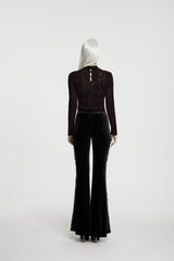 Black Patchwork Slim Fit Women's Gothic Floral Lace Spliced Beaded Tassel Flare Pants - Product - 2
