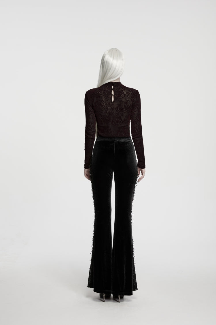 Black Patchwork Slim Fit Women's Gothic Floral Lace Spliced Beaded Tassel Flare Pants - Product - 2