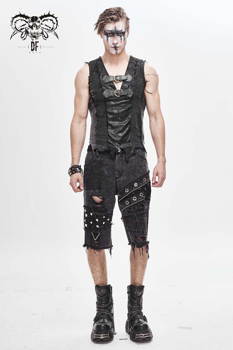 Black V-Neck Sleeveless Ripped Buckle Straps Men's Gothic Vest - Product - 2