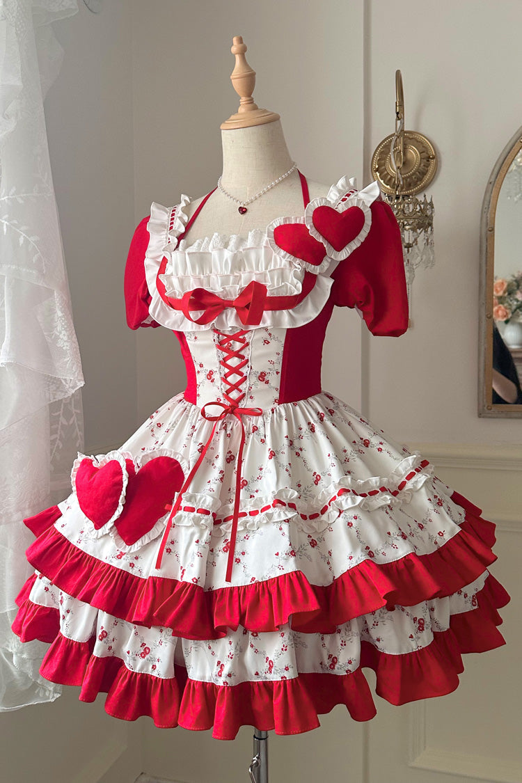 Red Double-Layered Floral Print Ruffle Bowknot Sweet Lolita Dress - Red - 1