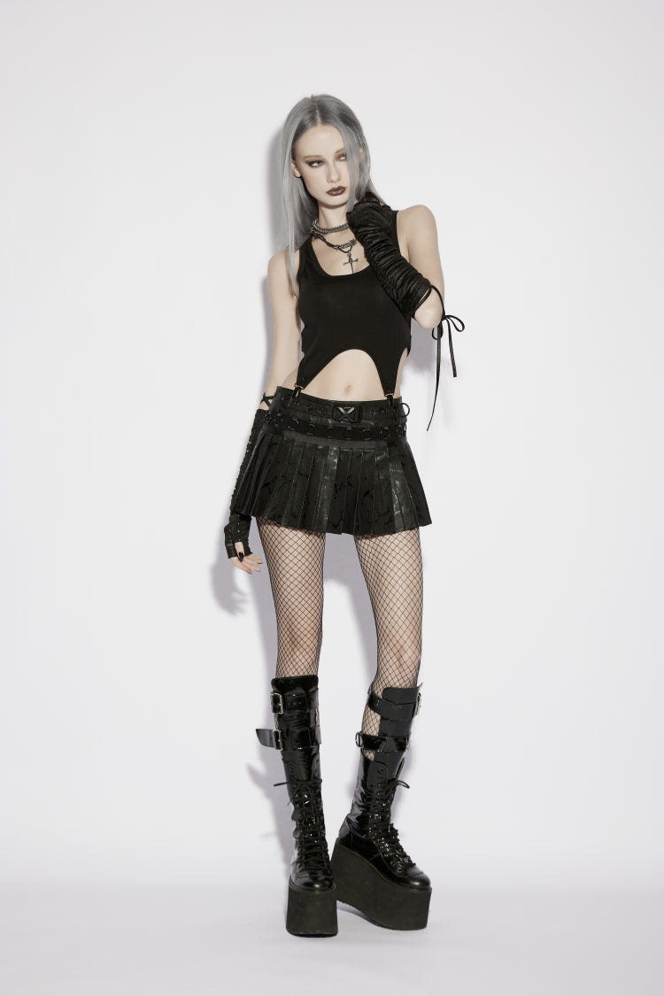 Black Printed Women's Punk College Style Cool Pleated Skirt - Product - 8