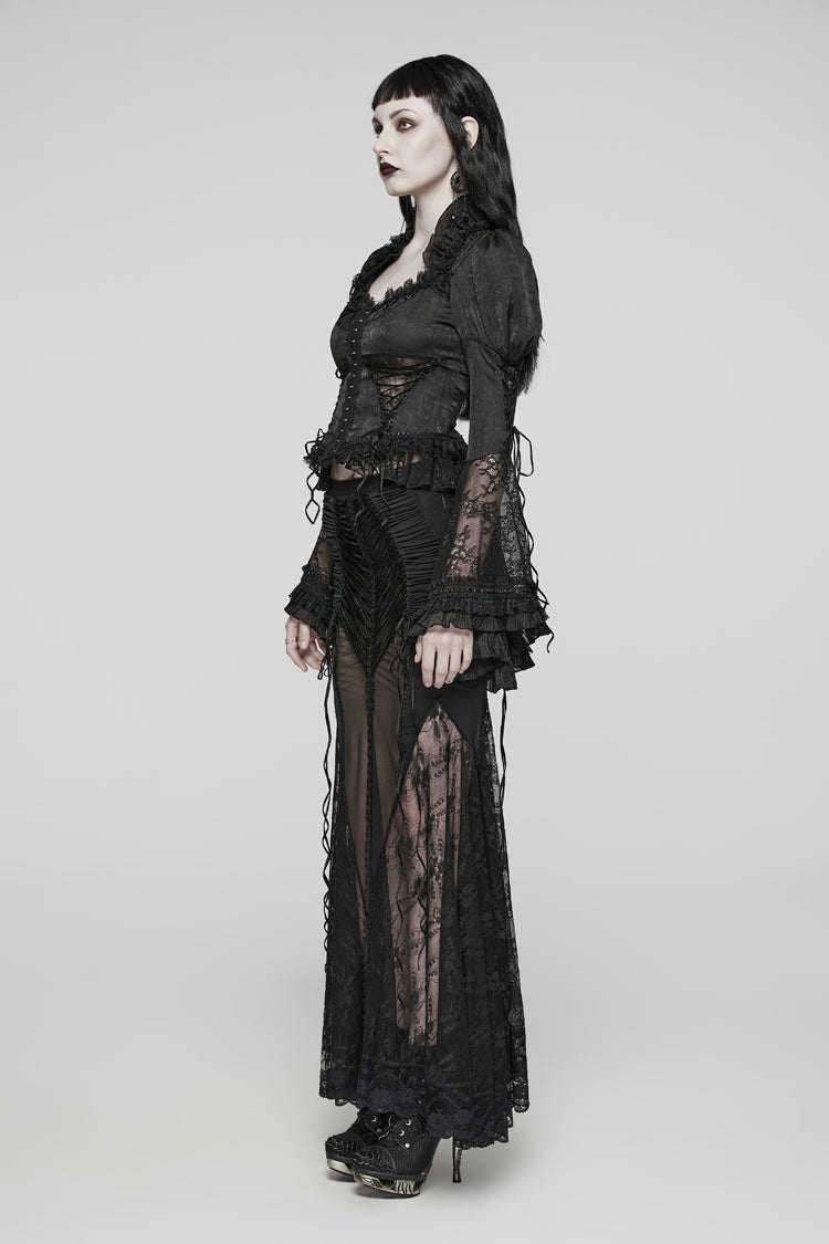 Black Gorgeous Adjustable Tightness Long Puff Sleeves Womens Gothic Blouse - Product - 3