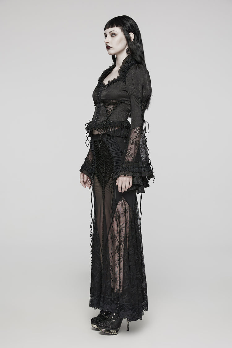 Black Gorgeous Adjustable Tightness Long Puff Sleeves Womens Gothic Blouse - Product - 3
