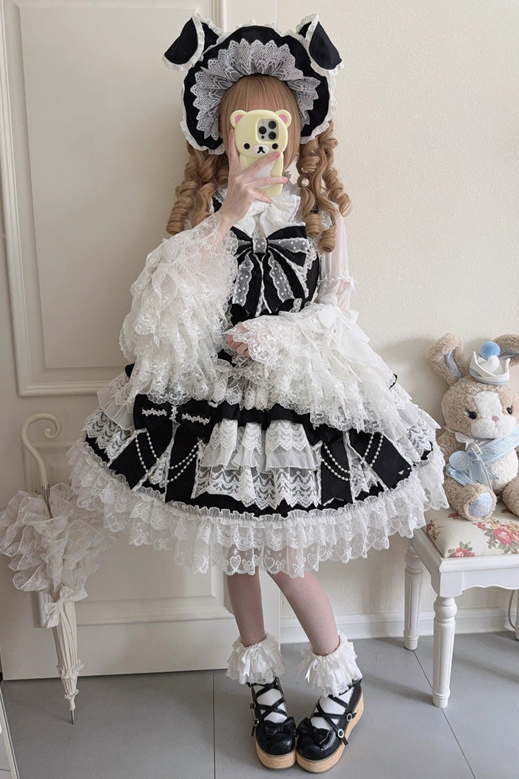 Black [Knot of the Crossed Heart] Sleeveless Multi-Layered Ruffle Hanayome Cardigan Bowknot Lace Lace-Up Sweet Lolita Jsk Dress - Product - 4