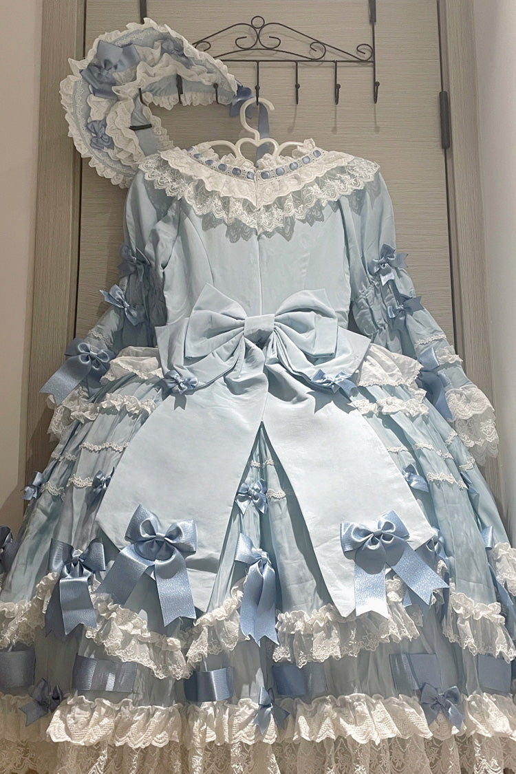 Blue Round Collar Long Trumpet Sleeves Hanayome Bowknot Lace Daily Sweet Elegant Princess Lolita Dress - Product - 4