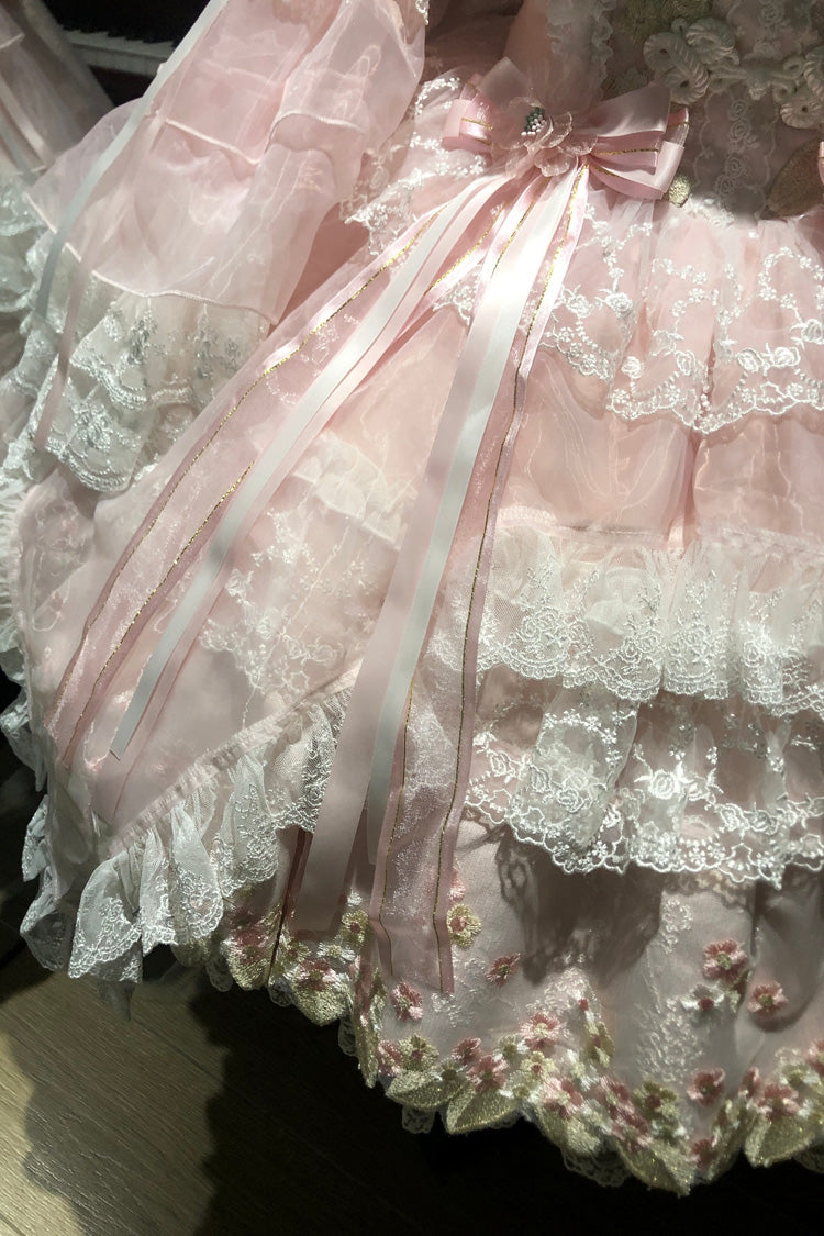 Pink [Spring Entwined with Cherry Clouds] Short Sleeves Embroidered Bow Lace Sweet Chinese Style Lolita Dress - Product - 11
