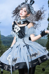 Blue [The Clock Rabbit's Card Game] Sleeveless Jacquard Ruffled Embroidered Bow Lace-Up Gothic Lolita Jsk Dress - Product - 4