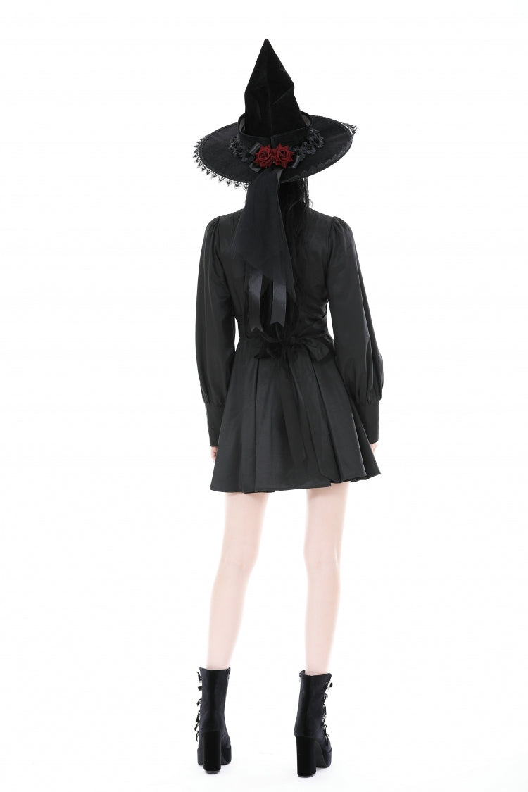 Black Turn-down Collar Long Lantern Sleeves Women's Gothic Dress with Necktie - Product - 4