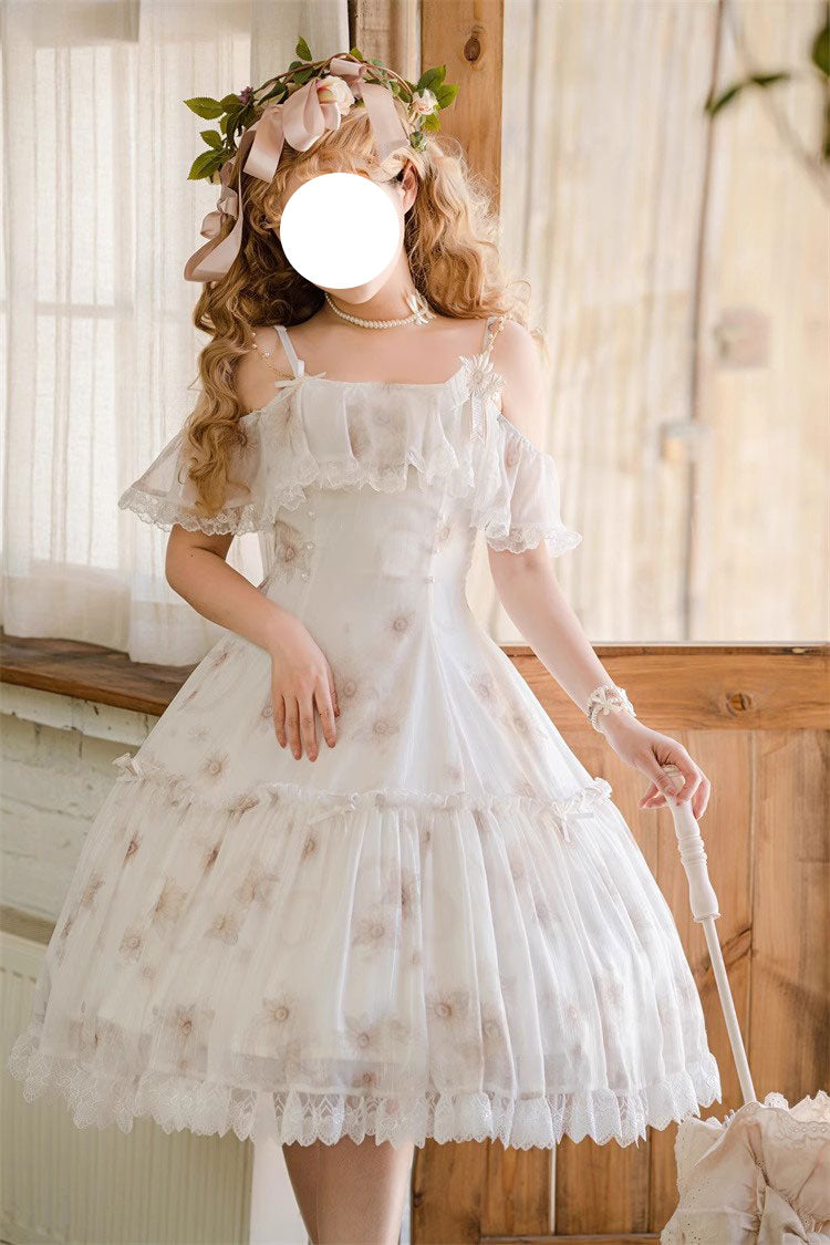 White Sunflower Dance Print Sweet Elegant Princess Lolita Jsk Dress - White - 1