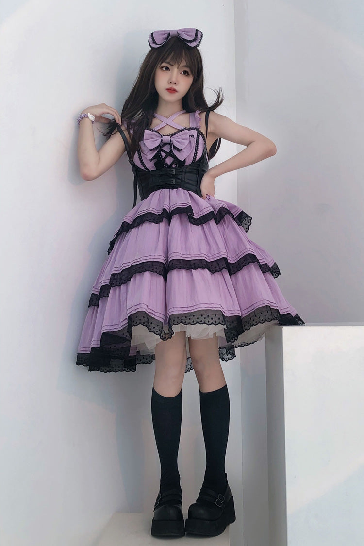 Purple First Love Triple-Layered Ruffle Bowknot Lace Sweet Lolita Jsk Dress - Purple - 1