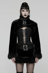 Black Stand Collar Long Sleeves Buckle Straps Faux Fur Women's Punk Short Cloak - Black - 1