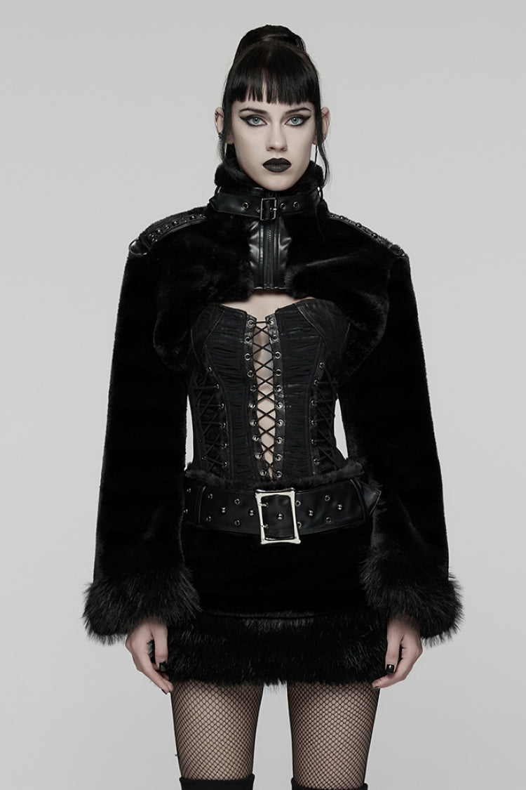 Black Stand Collar Long Sleeves Buckle Straps Faux Fur Women's Punk Short Cloak - Black - 1