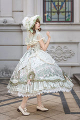 Spring Green [Cloudborne Prelude] Edwardian Collar Jacquard Printed Ruffled Bow Lace Fishbone Sweet Classic Lolita Dress - Product - 6