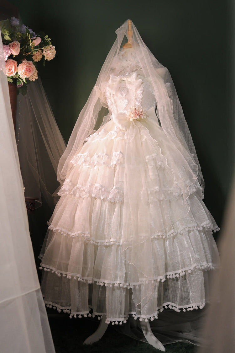 White Multi-Layered Ruffled Hanayome Bow Pearl-Decorated Sweet Lolita Jsk Dress Full Set 2 Versions - Ivory(Long Version) - 6