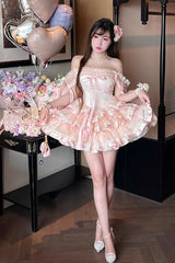 Pink [Princess Ribbon] Off Shoulder Triple-Layered Ruffle Bowknot Sweet Lolita Dress - Product - 9